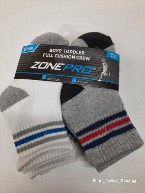 Zone Pro Boys Toddler Full Cushion Crew Socks 6 Pair Pack Shoe Size 4-8.5 New